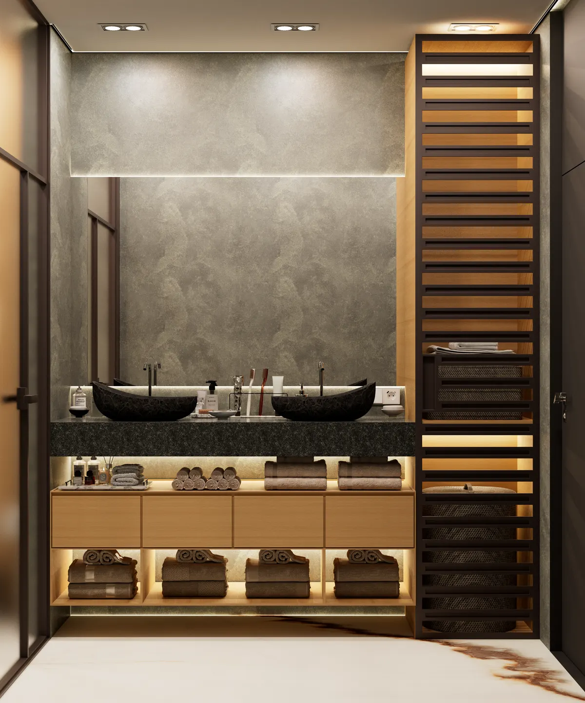 Japandi bathroom interior visualization with stone basins and warm timber joinery