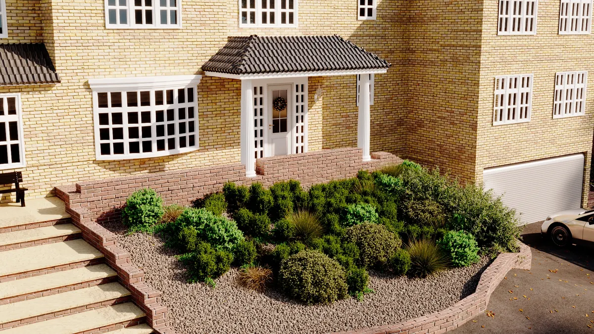Entrance and landscaped terrace detail render of Box Lane Residence