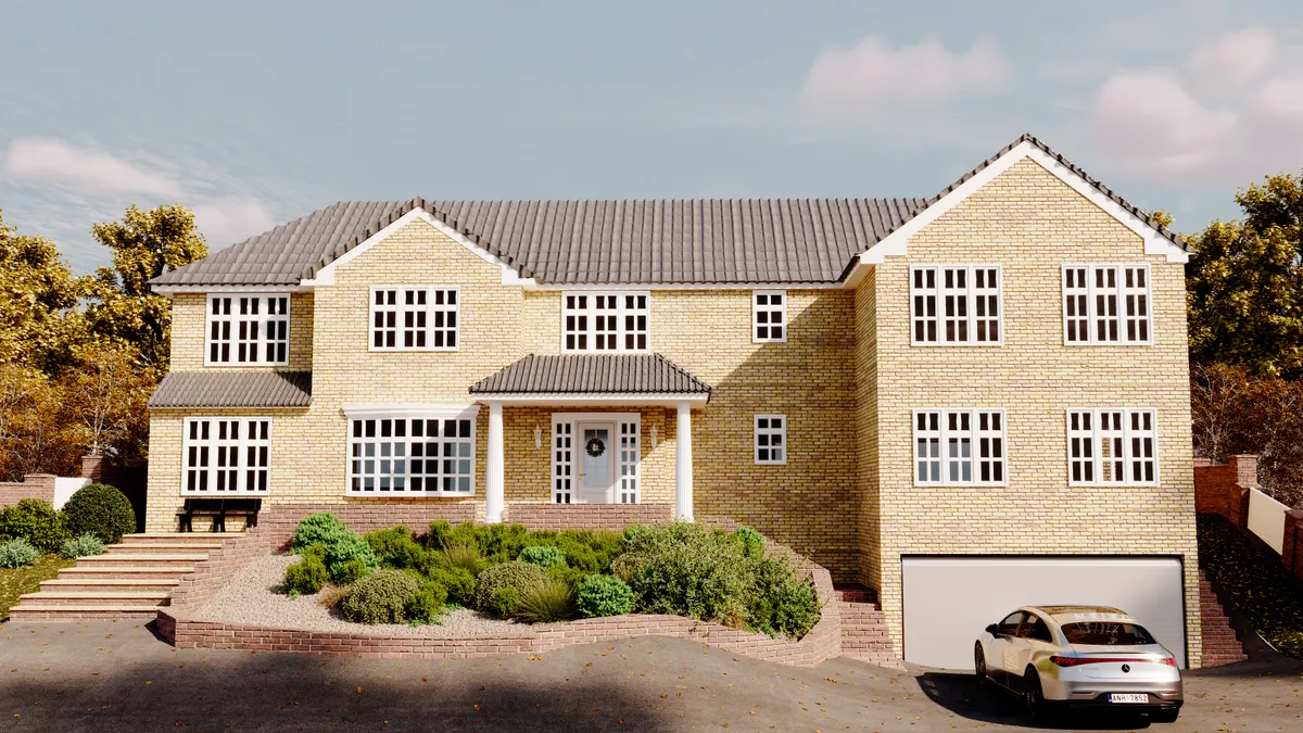 Exterior architectural visualization of Box Lane Residence, a brick family home in Hertfordshire