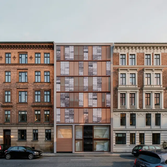 CGI photomontage of an infill studio matched into a real Copenhagen street photograph