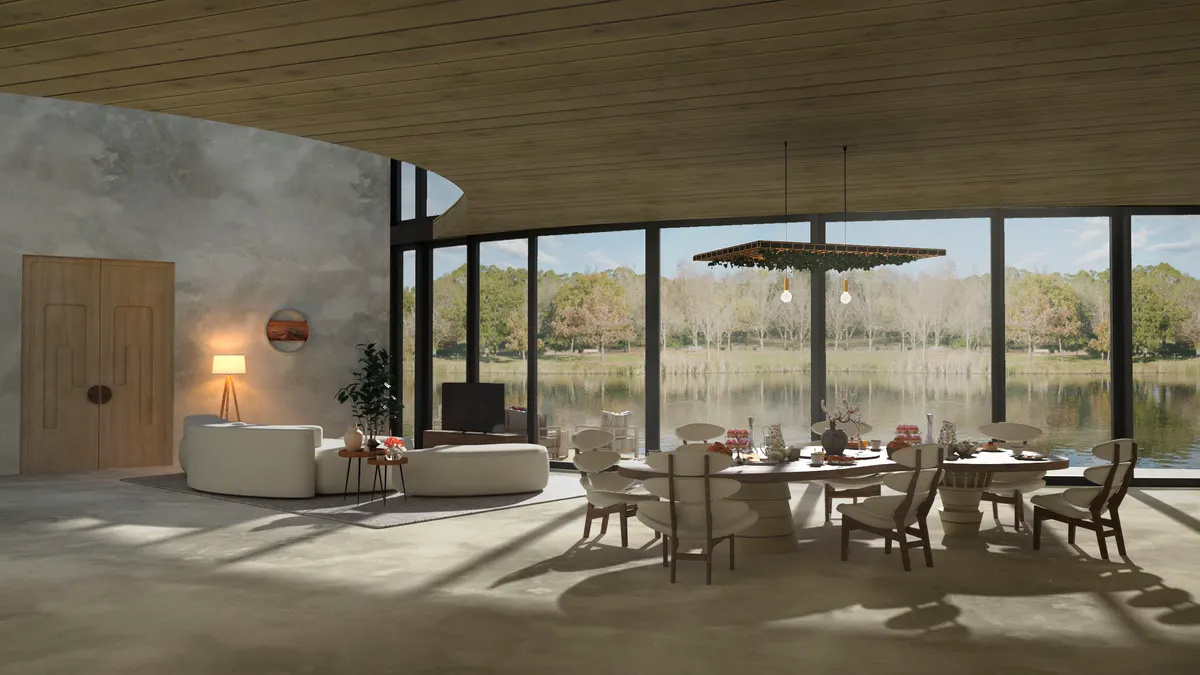 Lake house living and dining interior CGI with panoramic glazing
