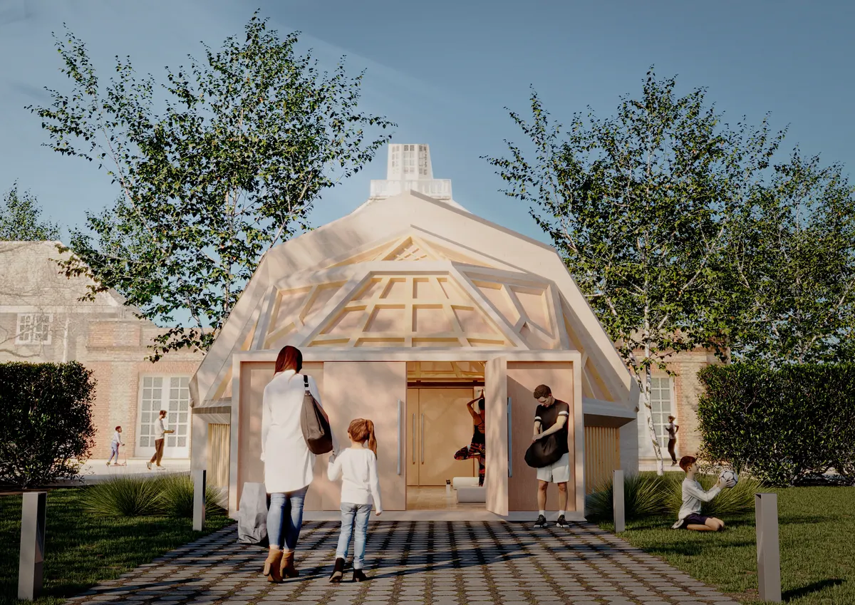 Timber meditation pavilion visualization with geometric dome structure