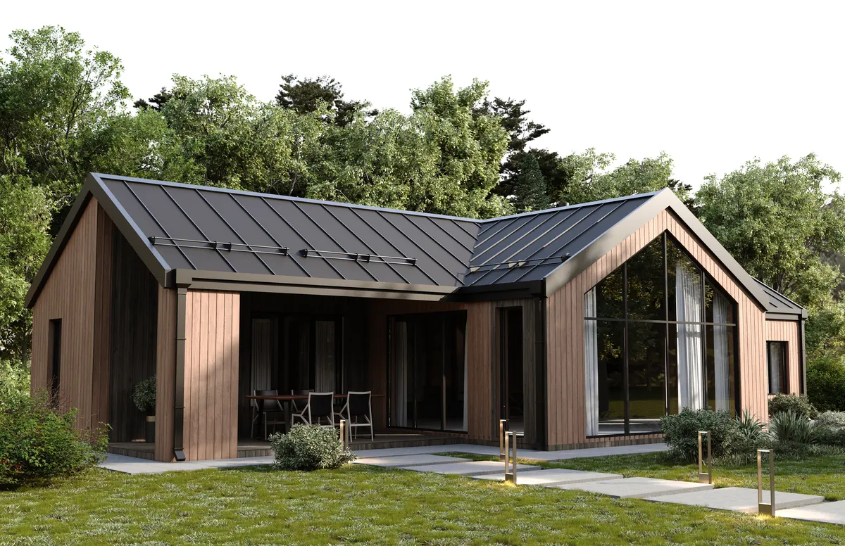 Modern timber-clad residential exterior CGI with black standing-seam metal roof and gabled glazing