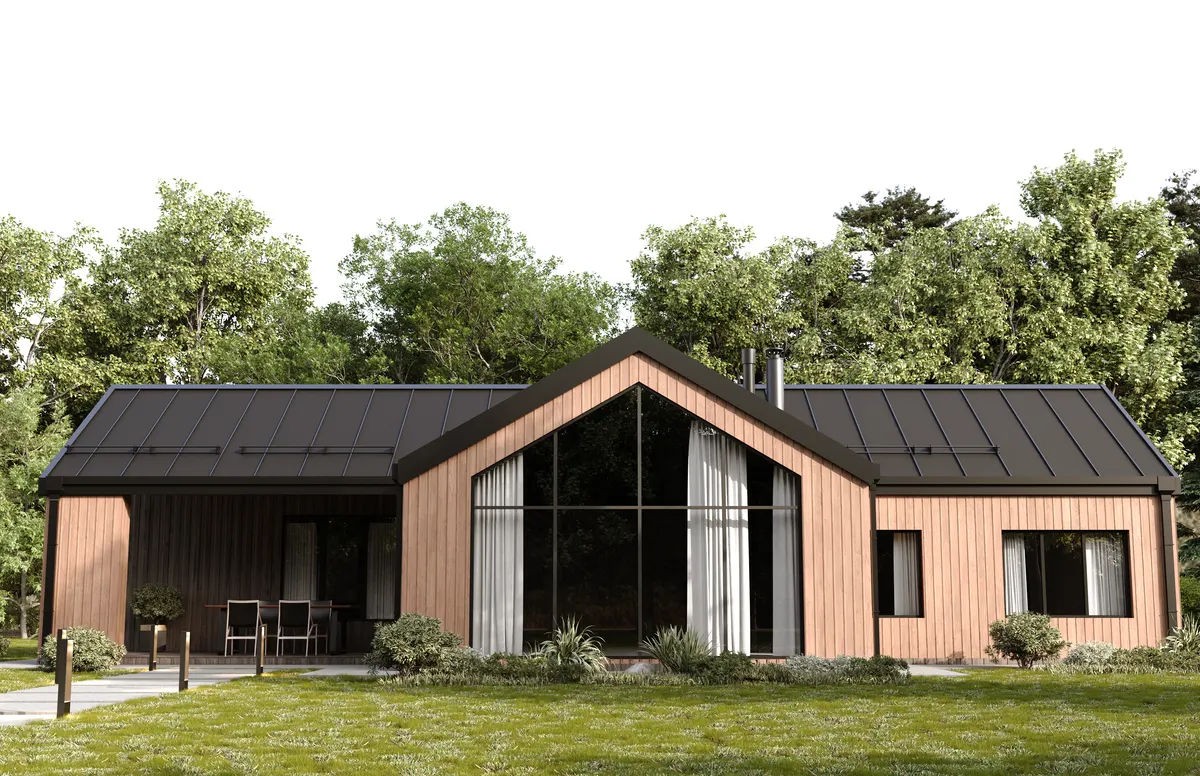 Front elevation CGI of a modern timber-clad house with a double-height gable window