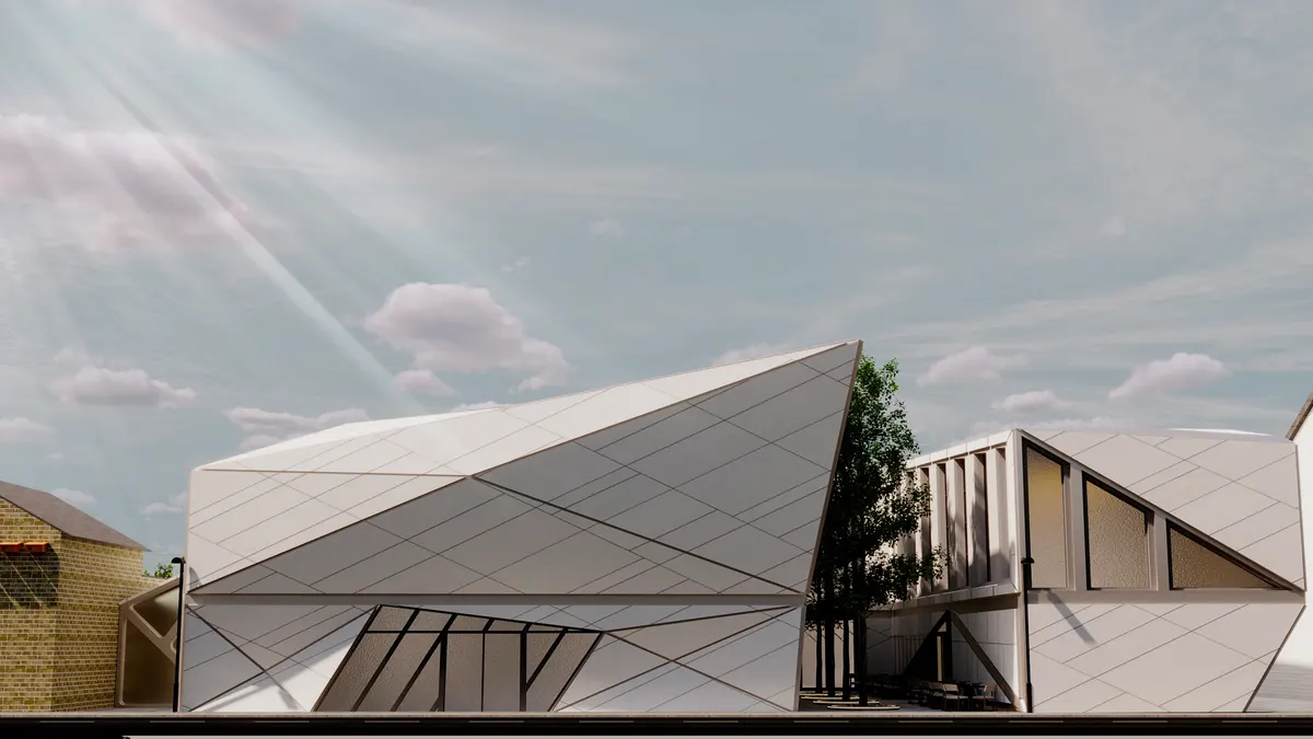 Deconstructivist gallery extension concept with white faceted facade