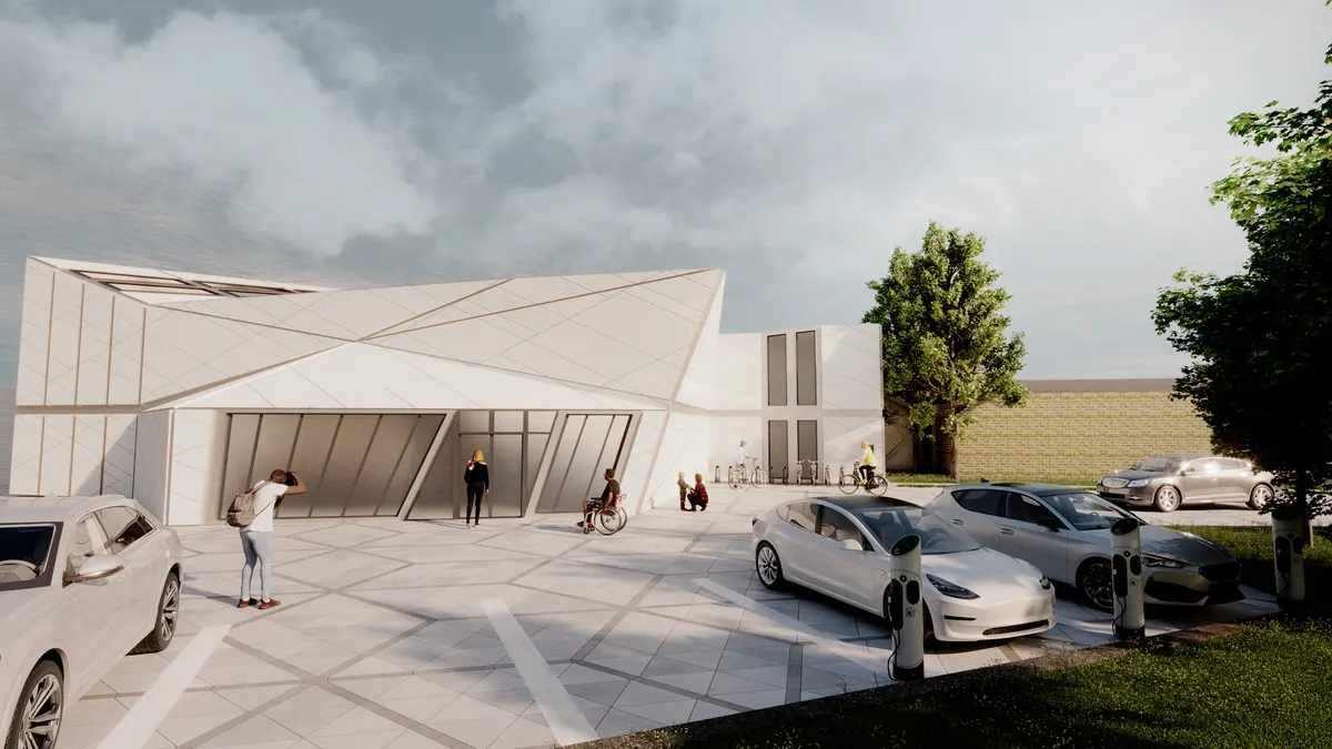Concept visualization of a faceted gallery building with public plaza