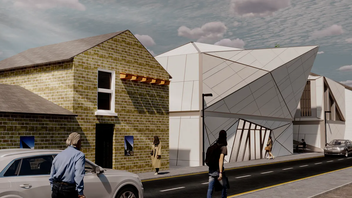Street view of a deconstructivist gallery extension design by Azam Pirmatov