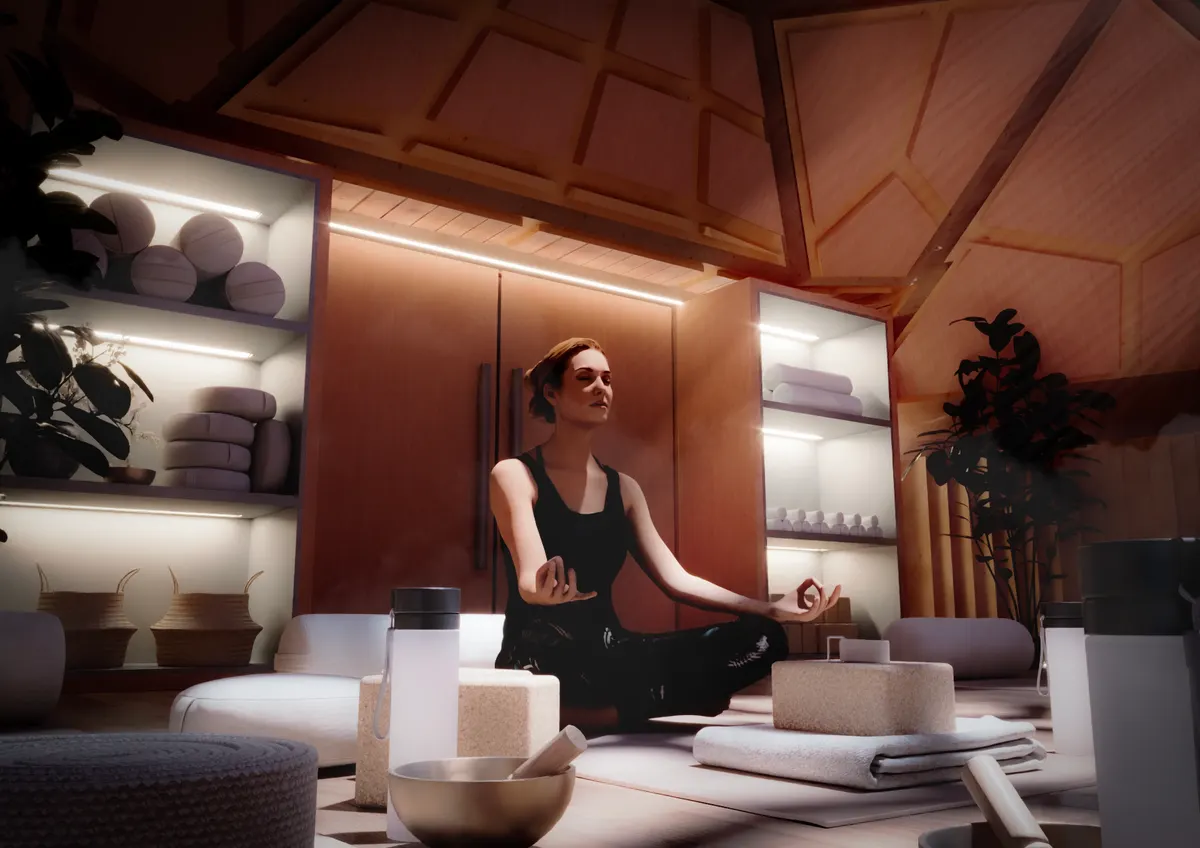 Serpentine-style meditation pavilion concept render