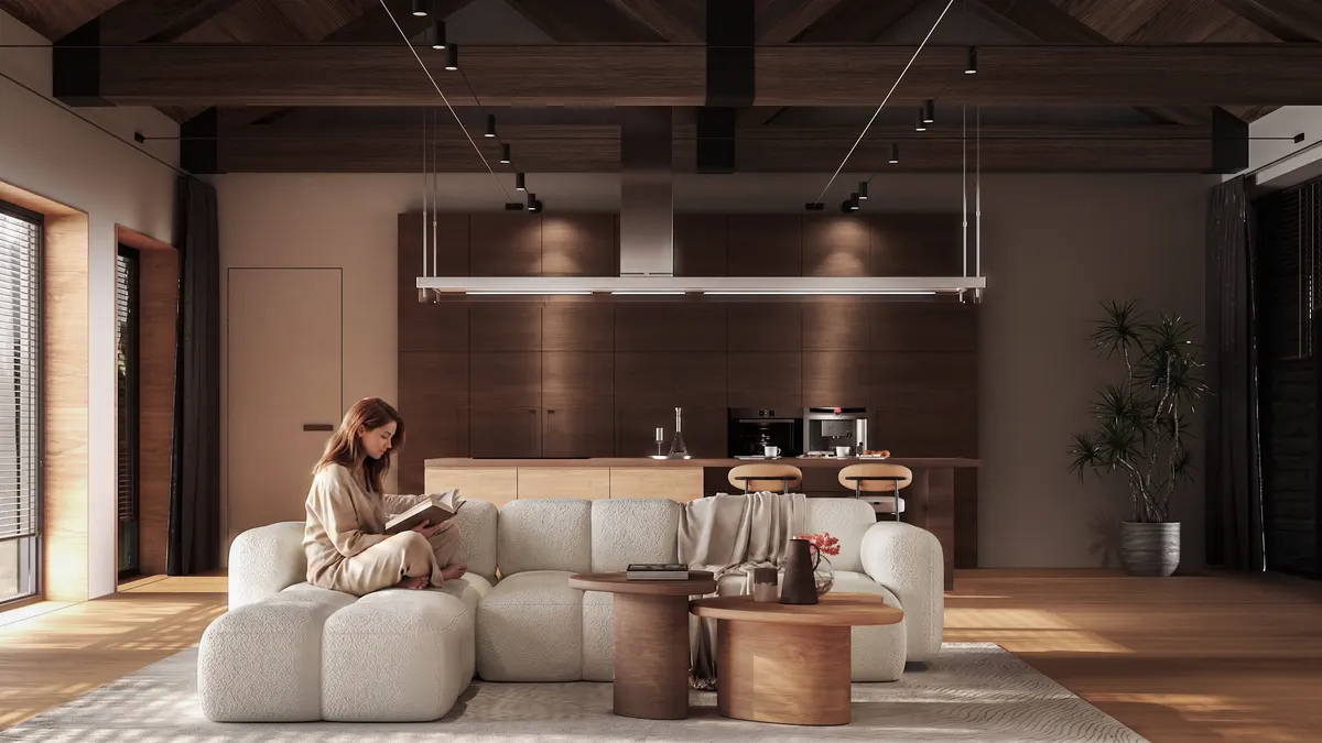 Vaulted ceiling interior visualization of a barn conversion residence