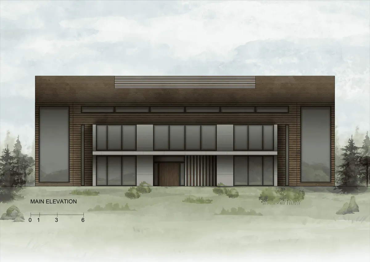 Villa exterior presentation render with CAD documentation style